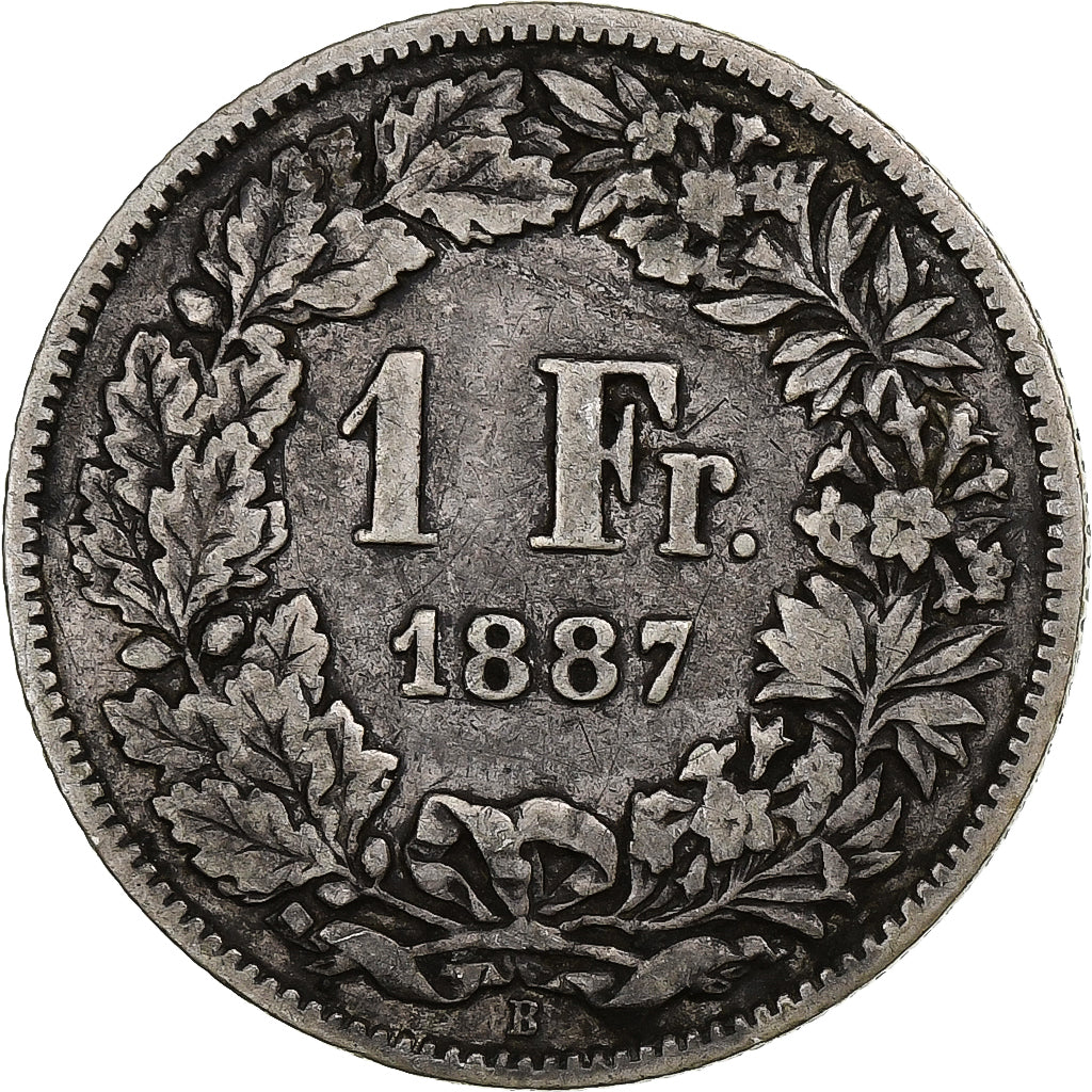 Suiza, Franc, Helvetia, 1887, Bern, Plata, BC+, KM:29a