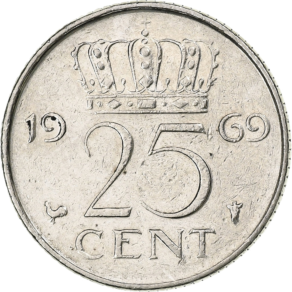Países Baixos, Juliana, 25 Cents, 1968, Utrecht, Níquel, AU(55-58), KM:183