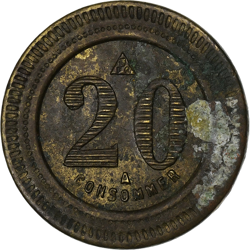 France, 20 Centimes, A Consommer, Brass, VF(30-35)