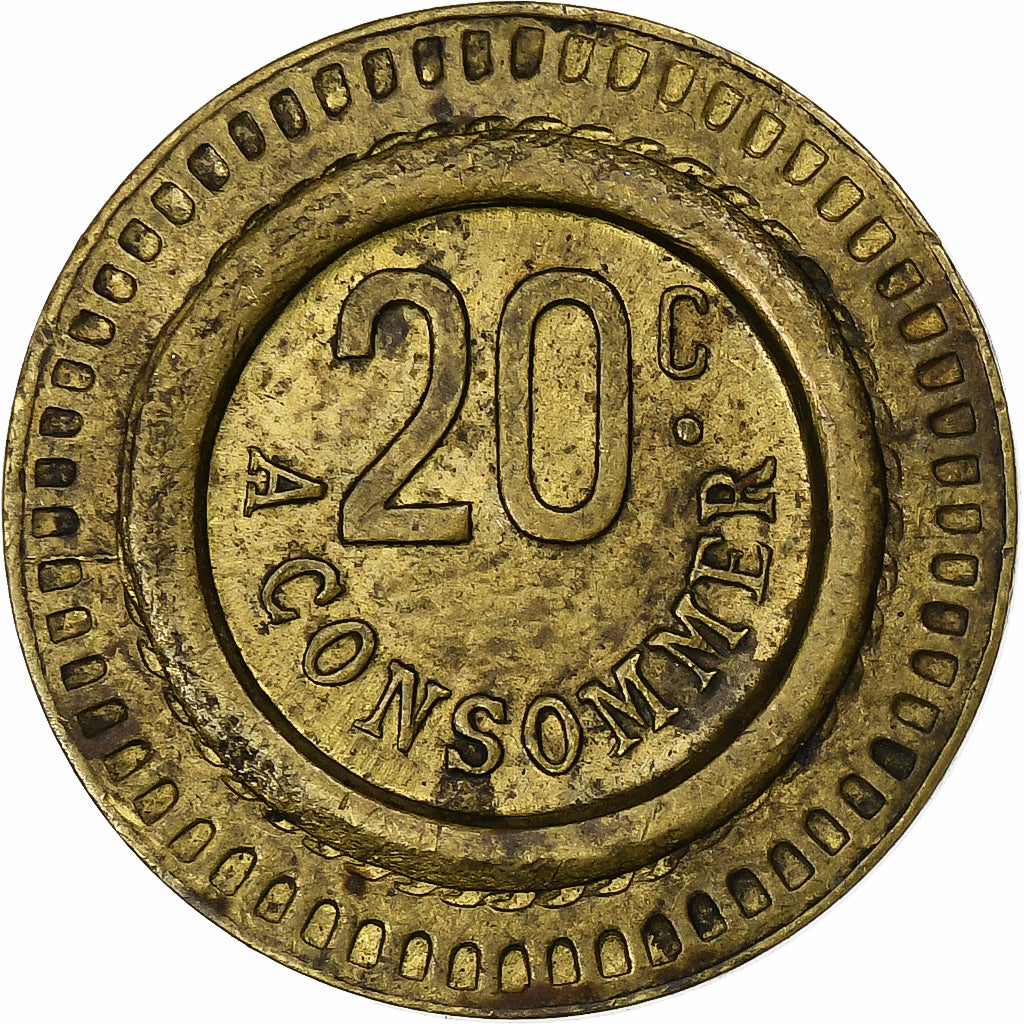 France, 20 Centimes, A Consommer, Brass, VF(30-35)