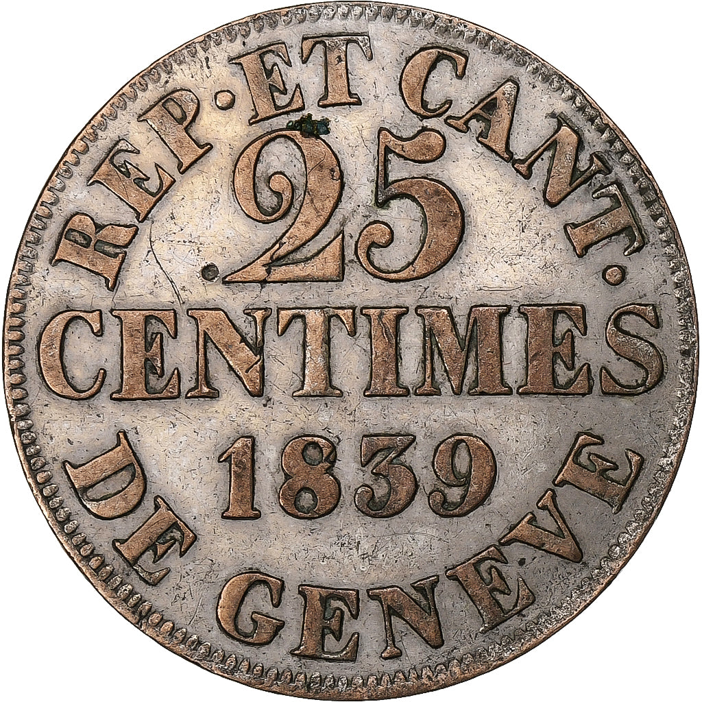 Canton of Geneva, 25 Centimes, 1839, Billon, EF(40-45), KM:129