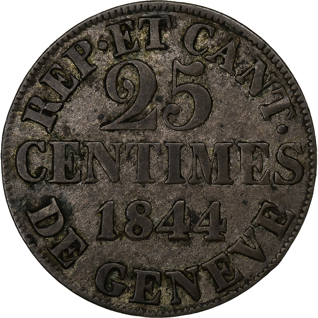 Canton of Geneva, 25 Centimes, 1844, Vellón, BC+, KM:129