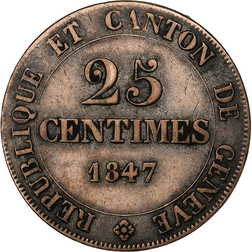 Canton of Geneva, 25 Centimes, 1847, Bilon, EF(40-45), KM:135