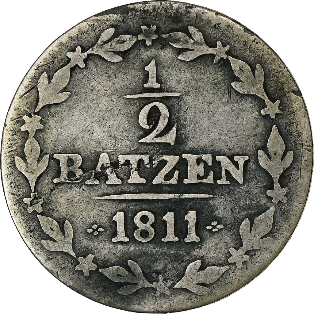 CANTONES SUIZOS, AARGAU, 1/2 Batzen, 1811, Vellón, BC+, KM:8