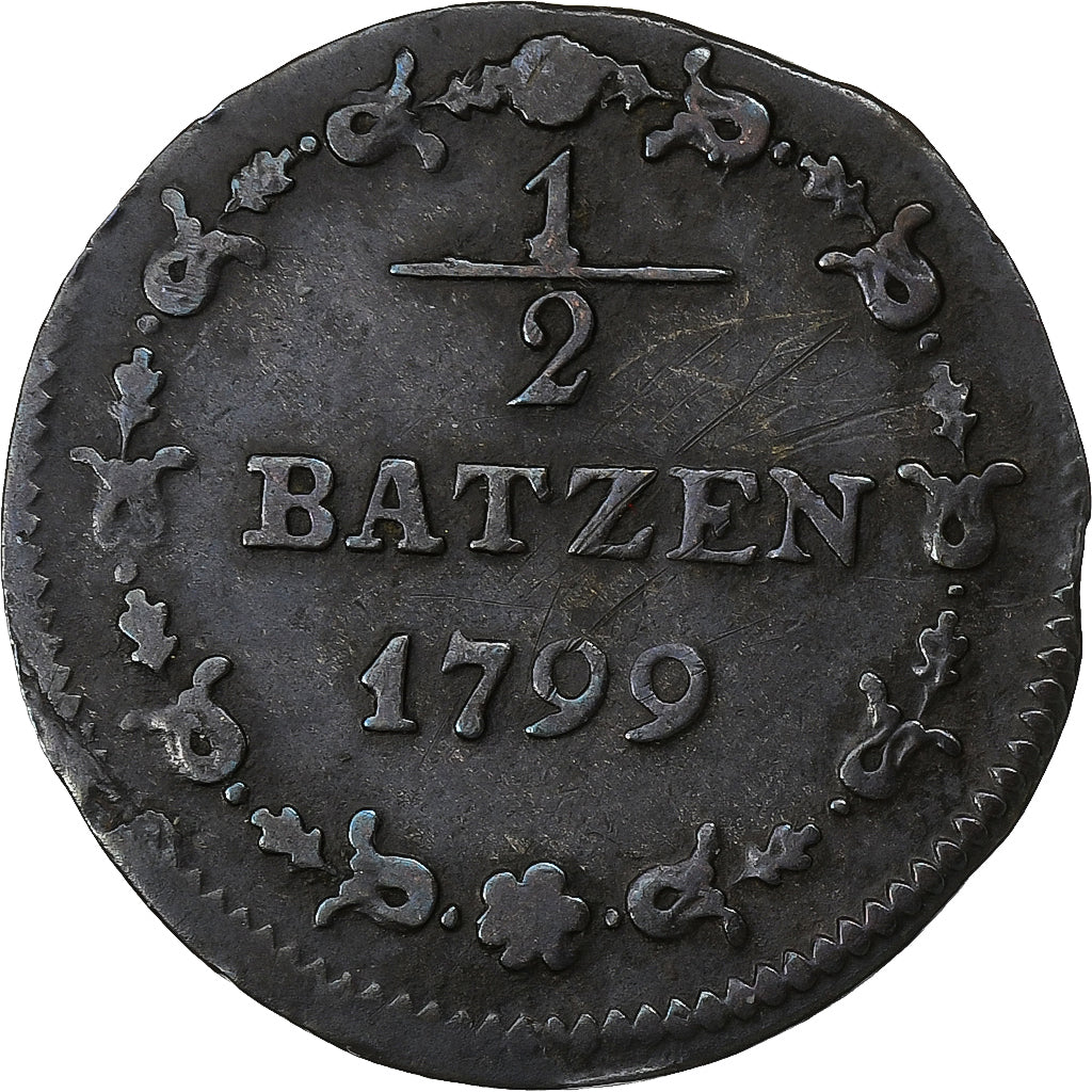 Switzerland, 1/2 Batzen, 1799, Billon, VF(20-25), KM:A6