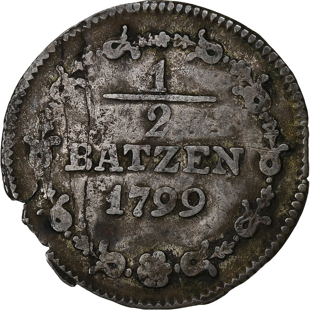 Switzerland, 1/2 Batzen, 1799, Billon, VF(20-25), KM:A6