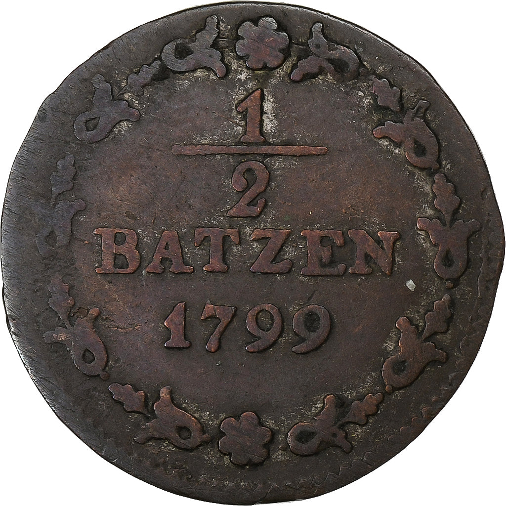 Suiza, 1/2 Batzen, 1799, Vellón, BC+, KM:A6