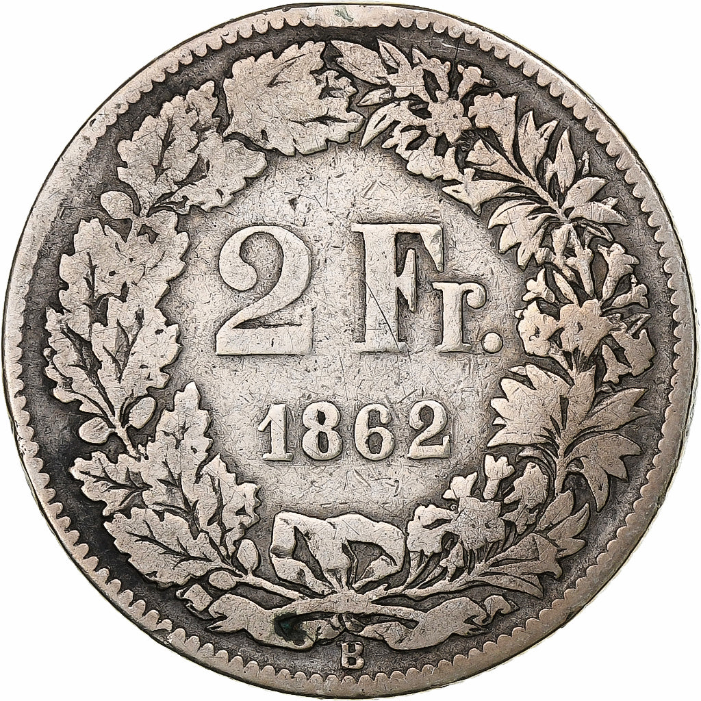 Switzerland, 2 Francs, 1862, Bern, Silver, VF(20-25)