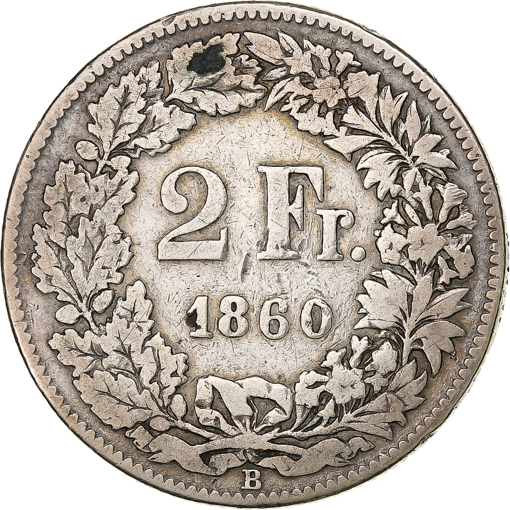Svizzera, 2 Francs, 1860, Bern, Argento, MB