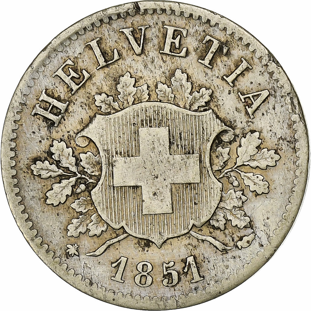 Switzerland, 10 Rappen, 1851, Strasbourg, Billon, EF(40-45), KM:6