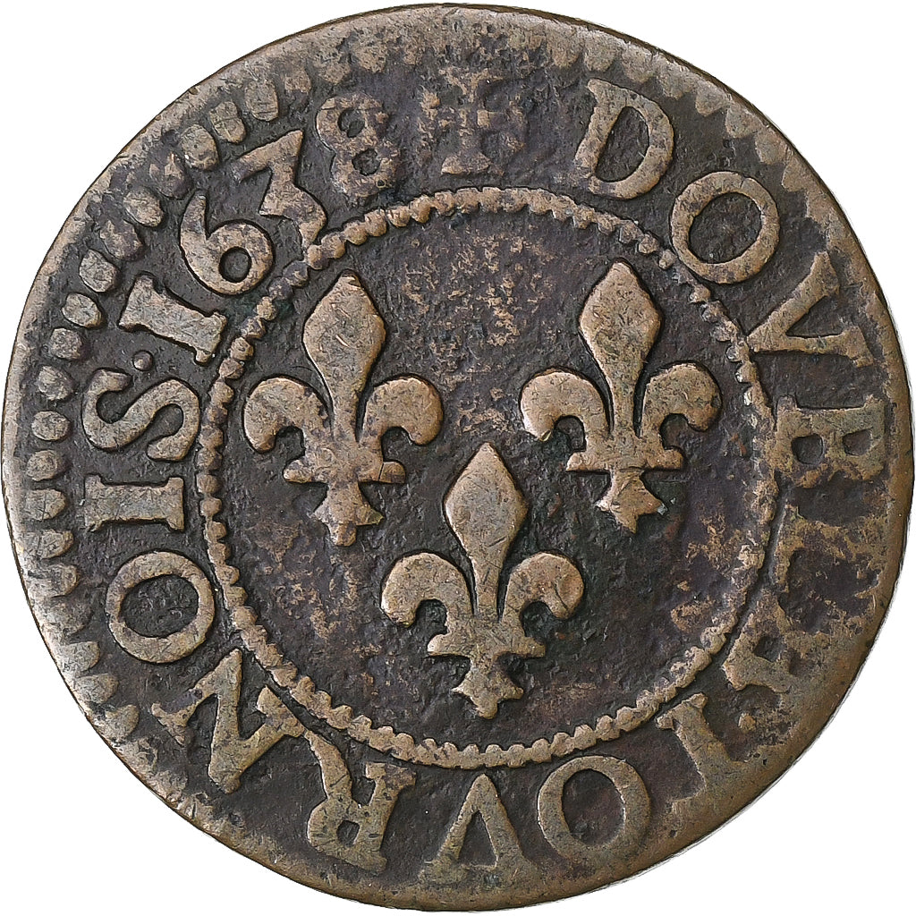 Francia, Louis XIII, Double Tournois, 1638, Rame, MB+, Gadoury:11