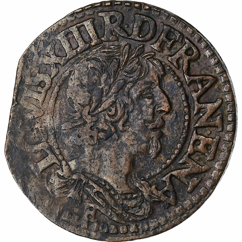 Francia, Louis XIII, Double Tournois, 1638, Tours, Cobre, BC+, Gadoury:11