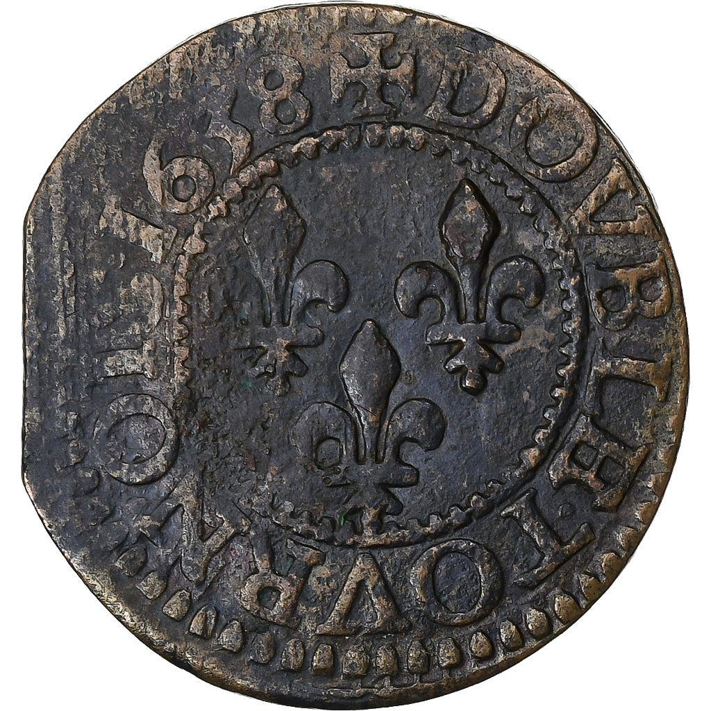 Francia, Louis XIII, Double Tournois, 1638, Tours, Cobre, BC+, Gadoury:11