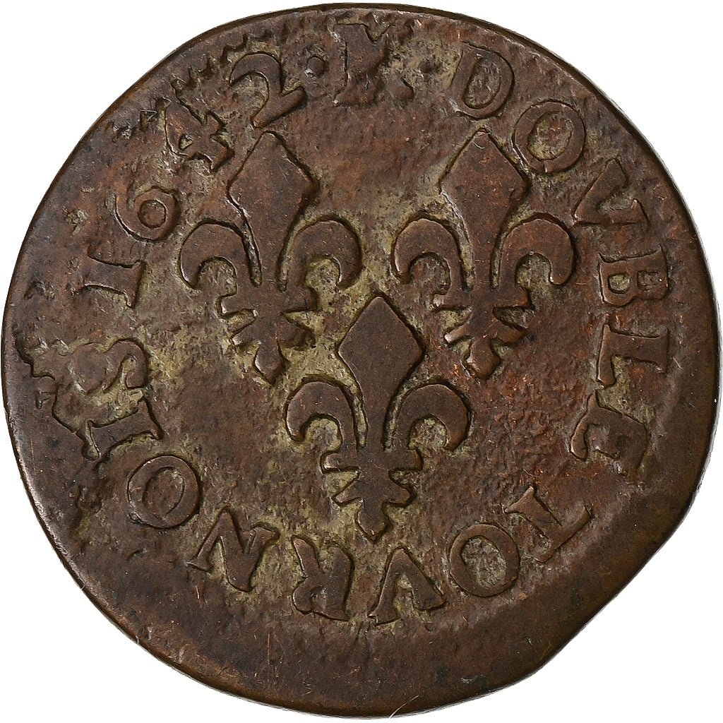 França, Louis XIII, Double tournois de Warin, 1642, Bordeaux, Cobre, VF(20-25)