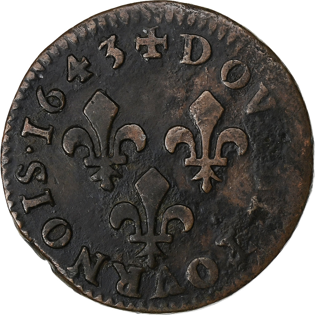 France, Louis XIII, Double tournois de Warin, 1643, Corbeil, Cuivre, TB