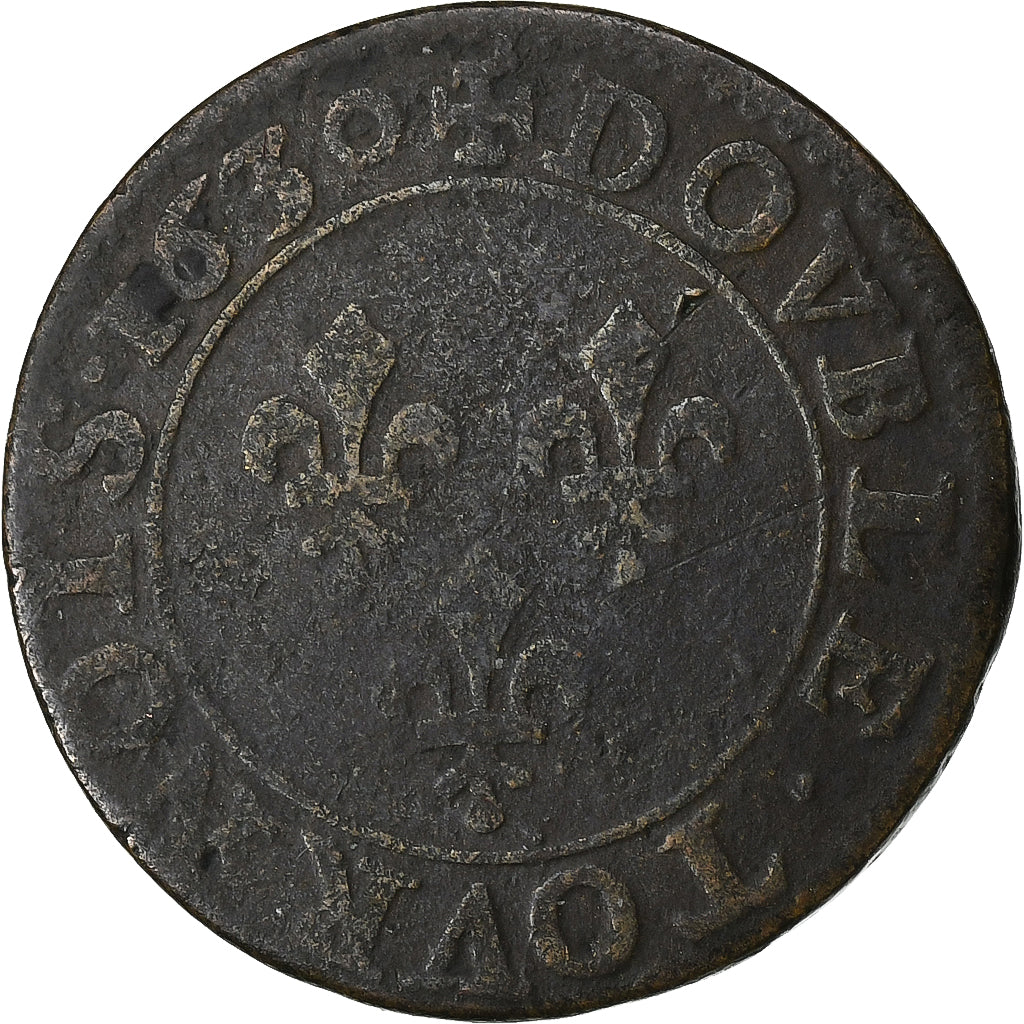 França, Louis XIII, Double Tournois, 1630, Paris, Cobre, VF(20-25), Gadoury:9a