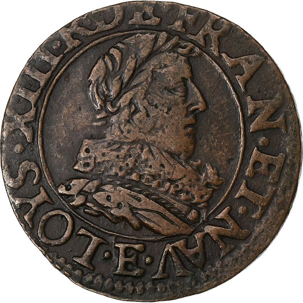 França, Louis XIII, Double Tournois, 1632, Tours, Cobre, VF(20-25), Gadoury:9a