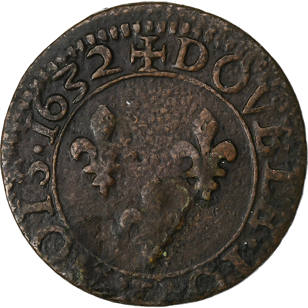 França, Louis XIII, Double Tournois, 1632, Tours, Cobre, VF(20-25), Gadoury:9a
