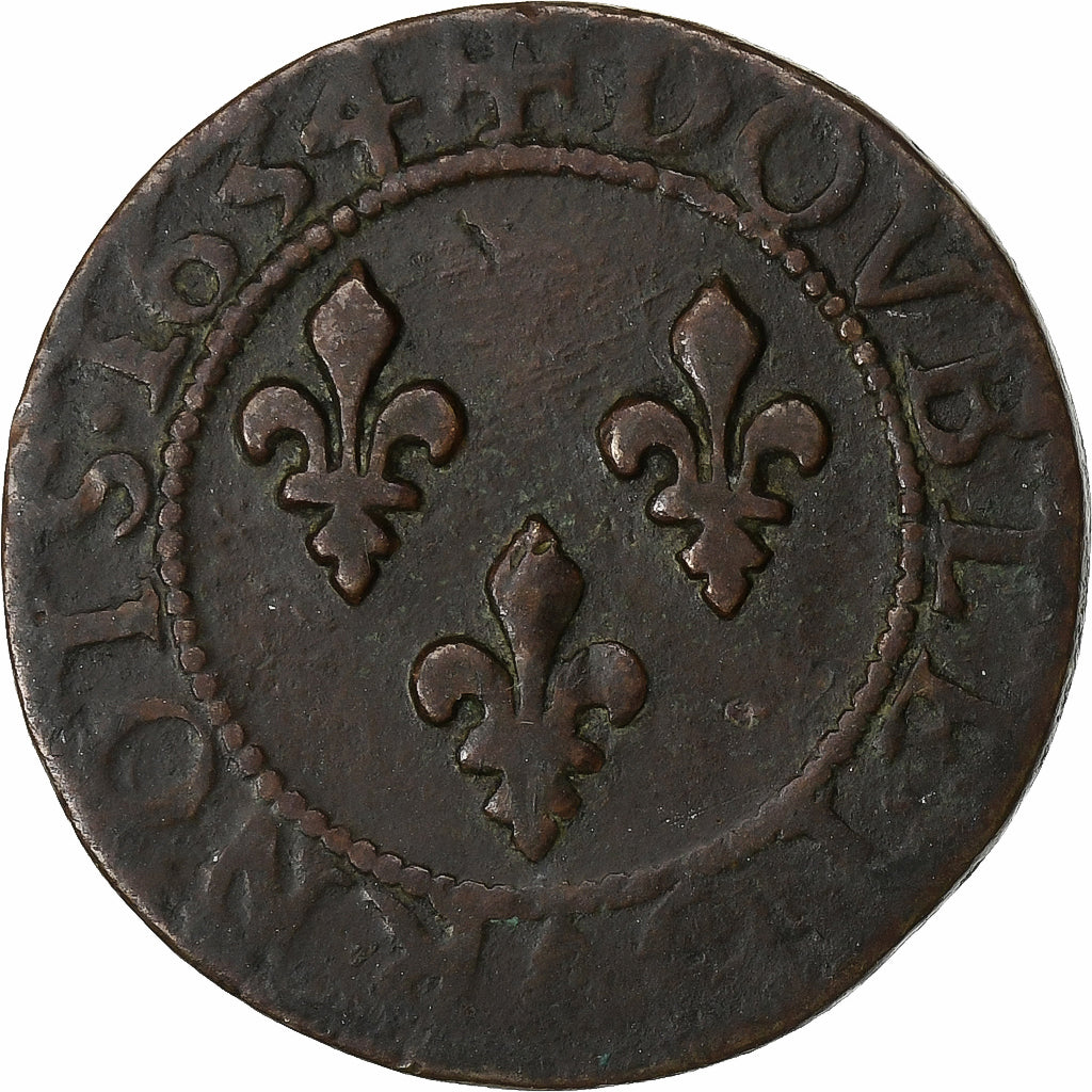 França, Louis XIII, Double Tournois, 1634, Tours, Cobre, VF(20-25), Gadoury:9a