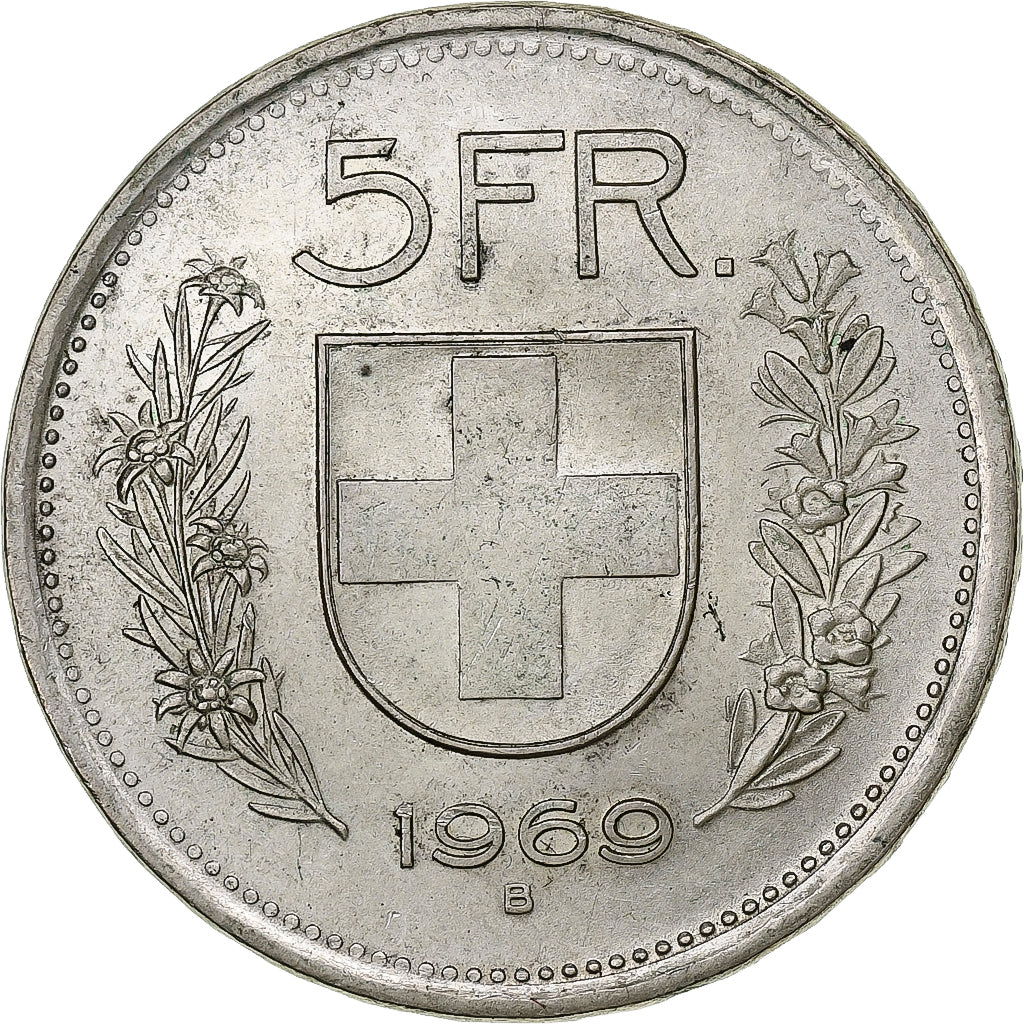 Suiza, 5 Francs, Herdsman, 1969, Bern, Plata, MBC+, KM:40