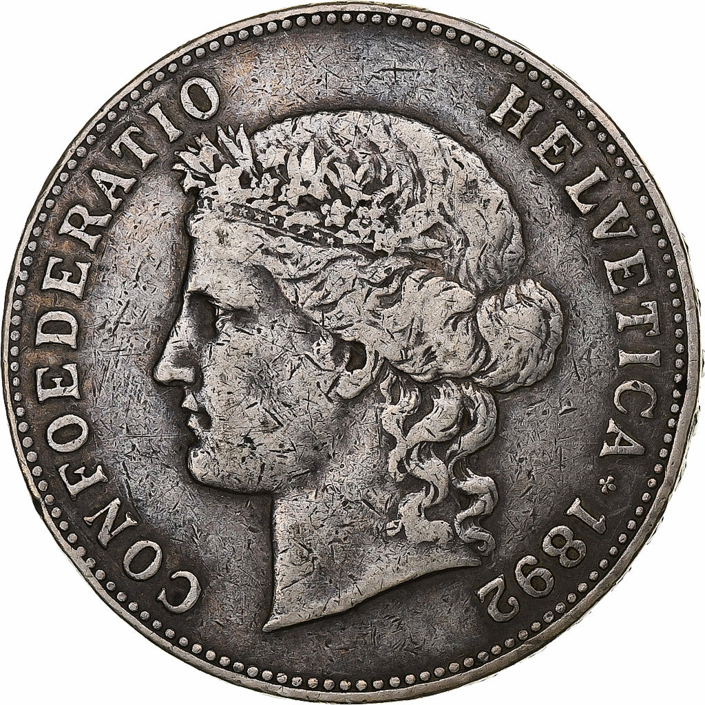Switzerland, 5 Francs, Helvetia, 1892, Bern, Silver, VF(20-25), KM:34