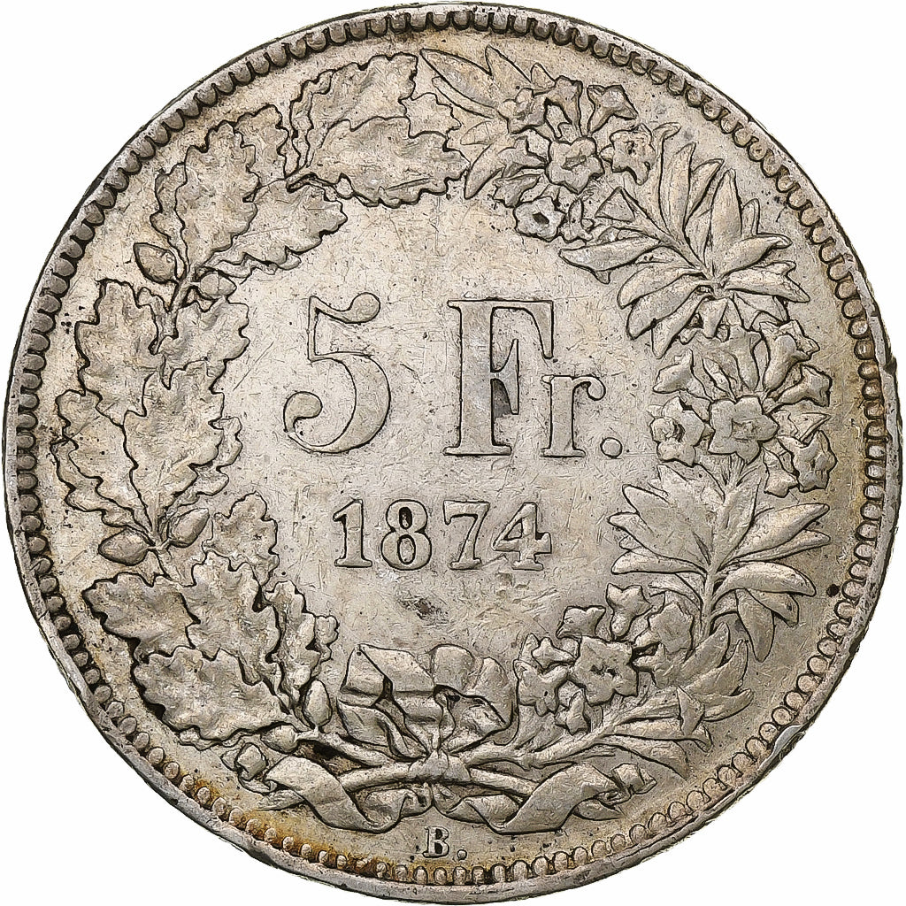 Switzerland, 5 Francs, Helvetia, 1874, Bern, Silver, EF(40-45), KM:11