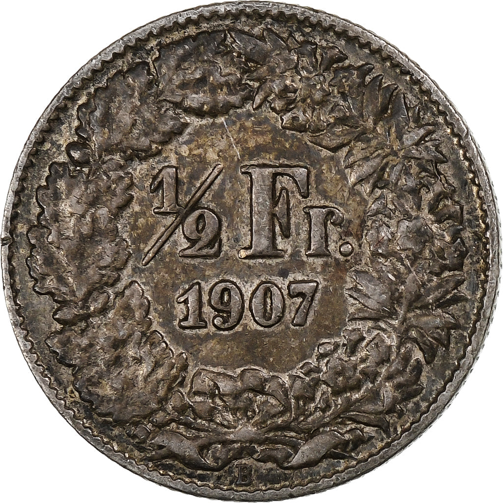 Suiza, 1/2 Franc, 1907, Bern, Plata, BC+, KM:23