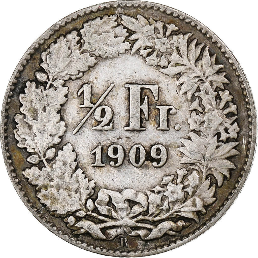 Suiza, 1/2 Franc, 1909, Bern, Plata, BC+, KM:23
