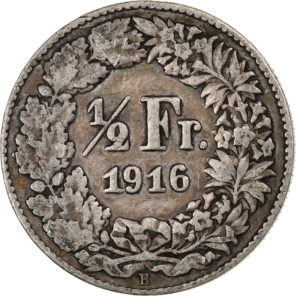 Switzerland, 1/2 Franc, 1916, Bern, Silver, VF(30-35), KM:23