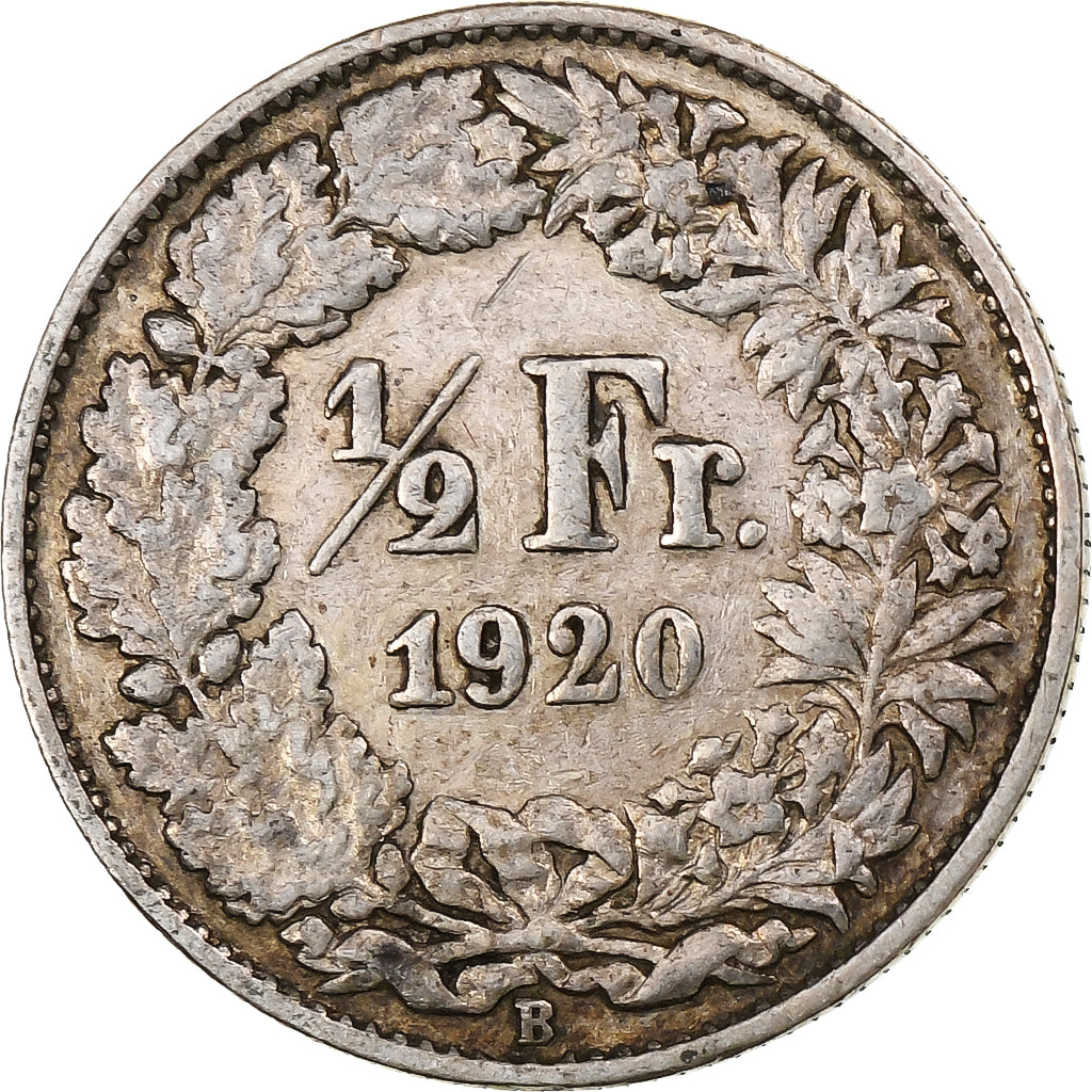 Suiza, 1/2 Franc, 1920, Bern, Plata, BC+, KM:23