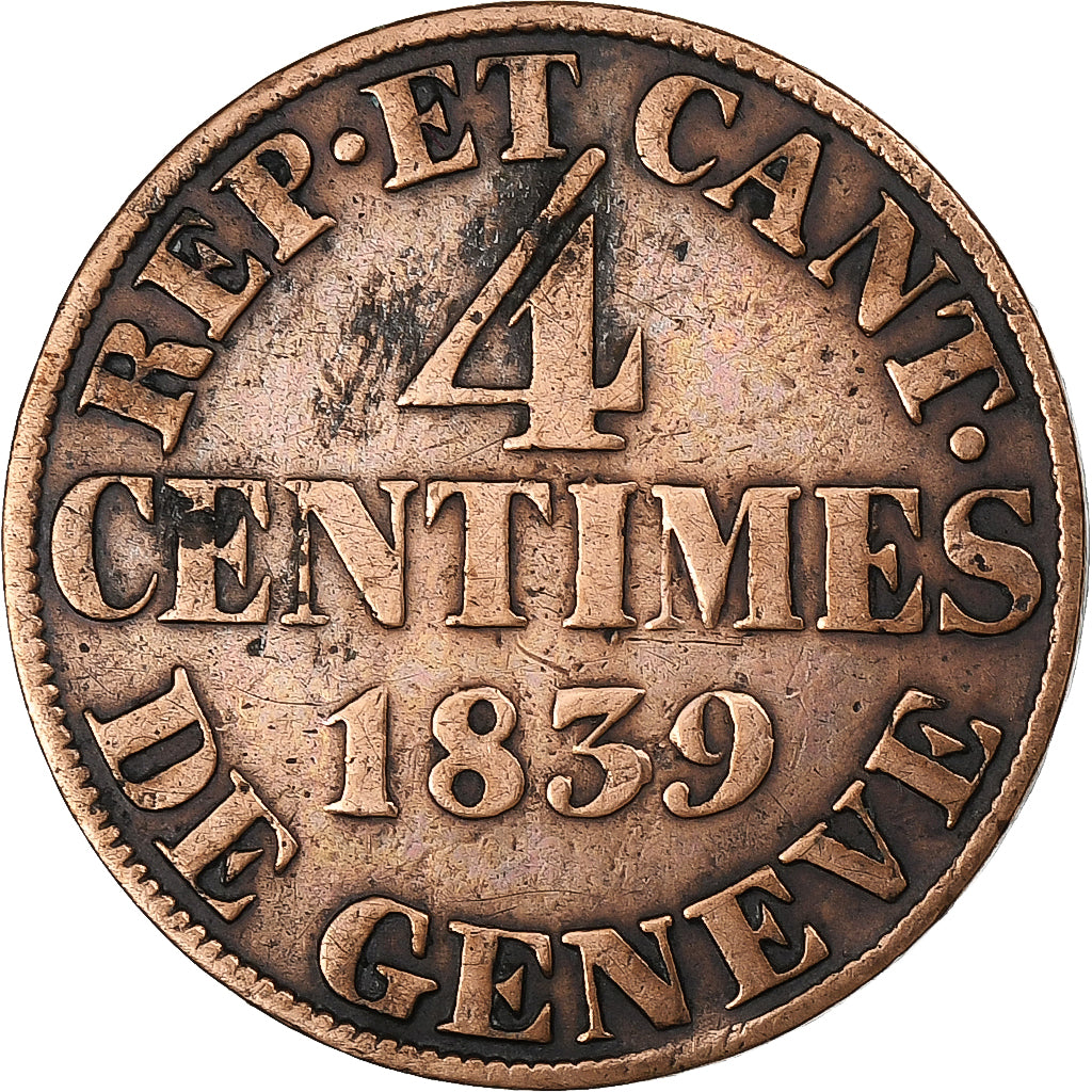 CANTONES SUIZOS, GENEVA, 4 Centimes, 1839, Vellón, MBC, KM:127