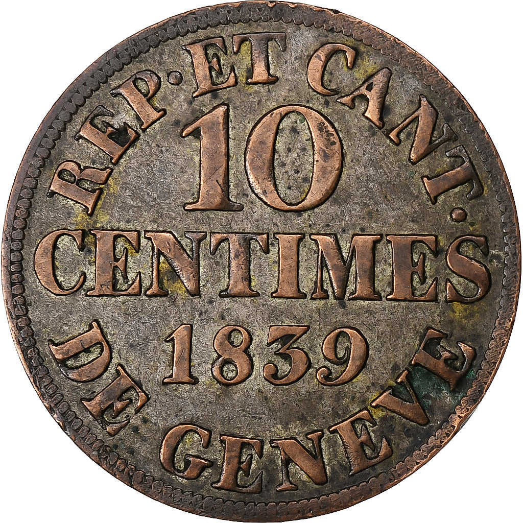 SWISS CANTONS, GENEVA, 10 Centimes, 1839, Billon, VF(30-35), KM:128