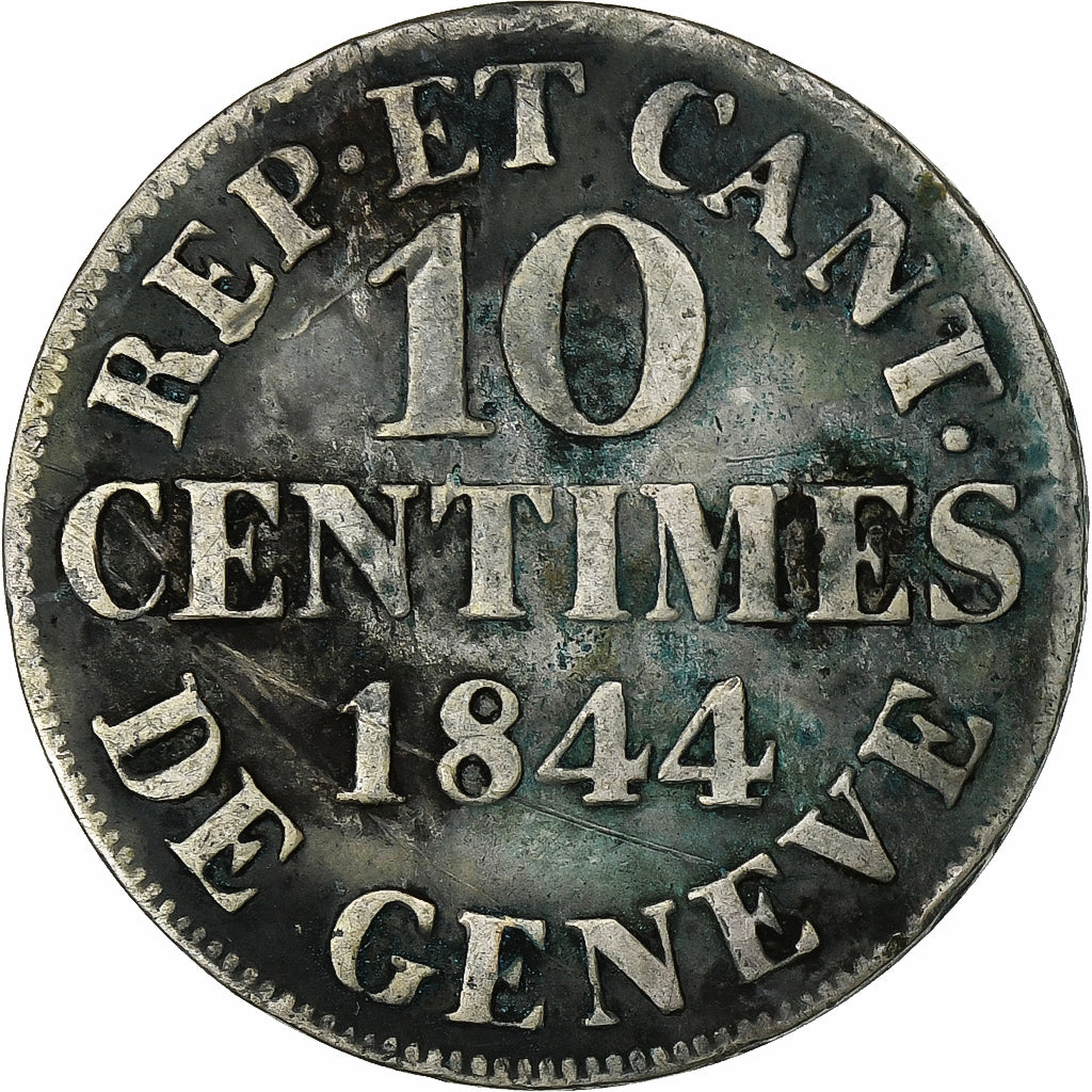 Swiss Cantons, Geneva, 10 Centimes, 1844, Billon, VF(30-35), KM:128