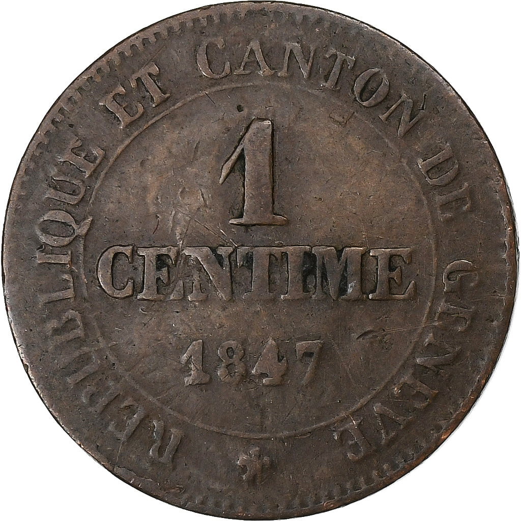 SWISS CANTONS, GENEVA, 1 Centime, 1847, Bern, Copper, VF(30-35), KM:132