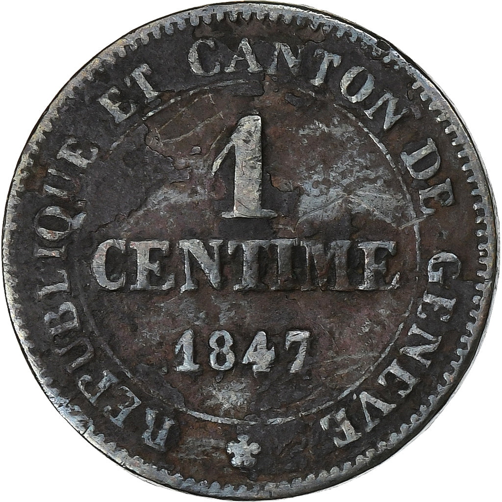SWISS CANTONS, GENEVA, 1 Centime, 1847, Bern, Copper, VF(30-35), KM:132