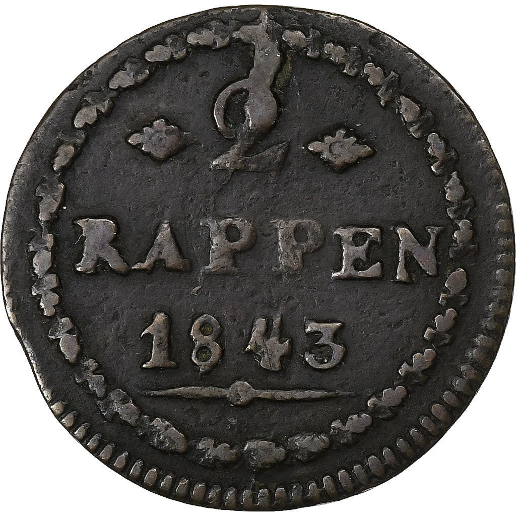 CANTONES SUIZOS, SCHWYZ, 2 Rappen, 1843, Bern, Cobre, BC+