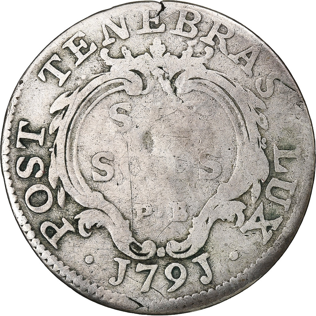 CANTONES SUIZOS, GENEVA, 6 Sols, 1791, Bern, Vellón, BC+