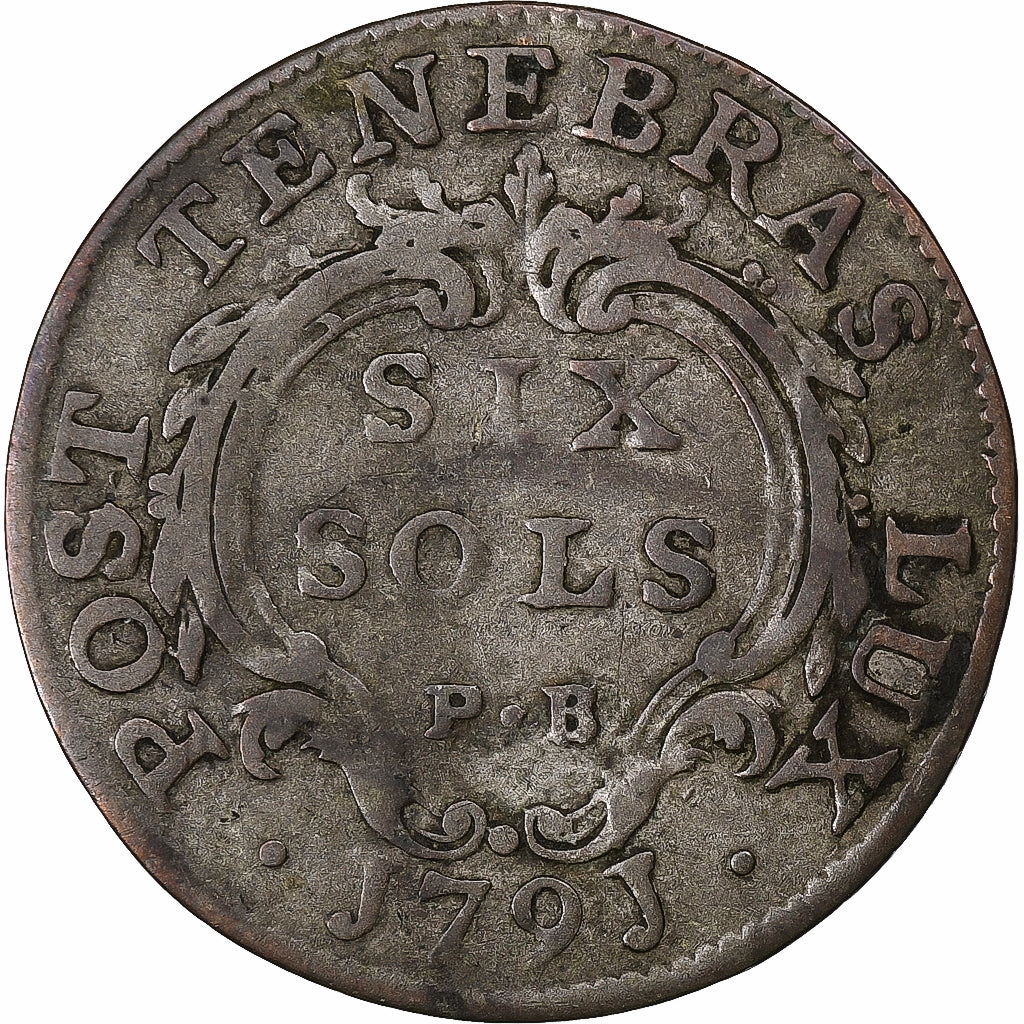 CANTONES SUIZOS, GENEVA, 6 Sols, 1791, Bern, Vellón, BC+