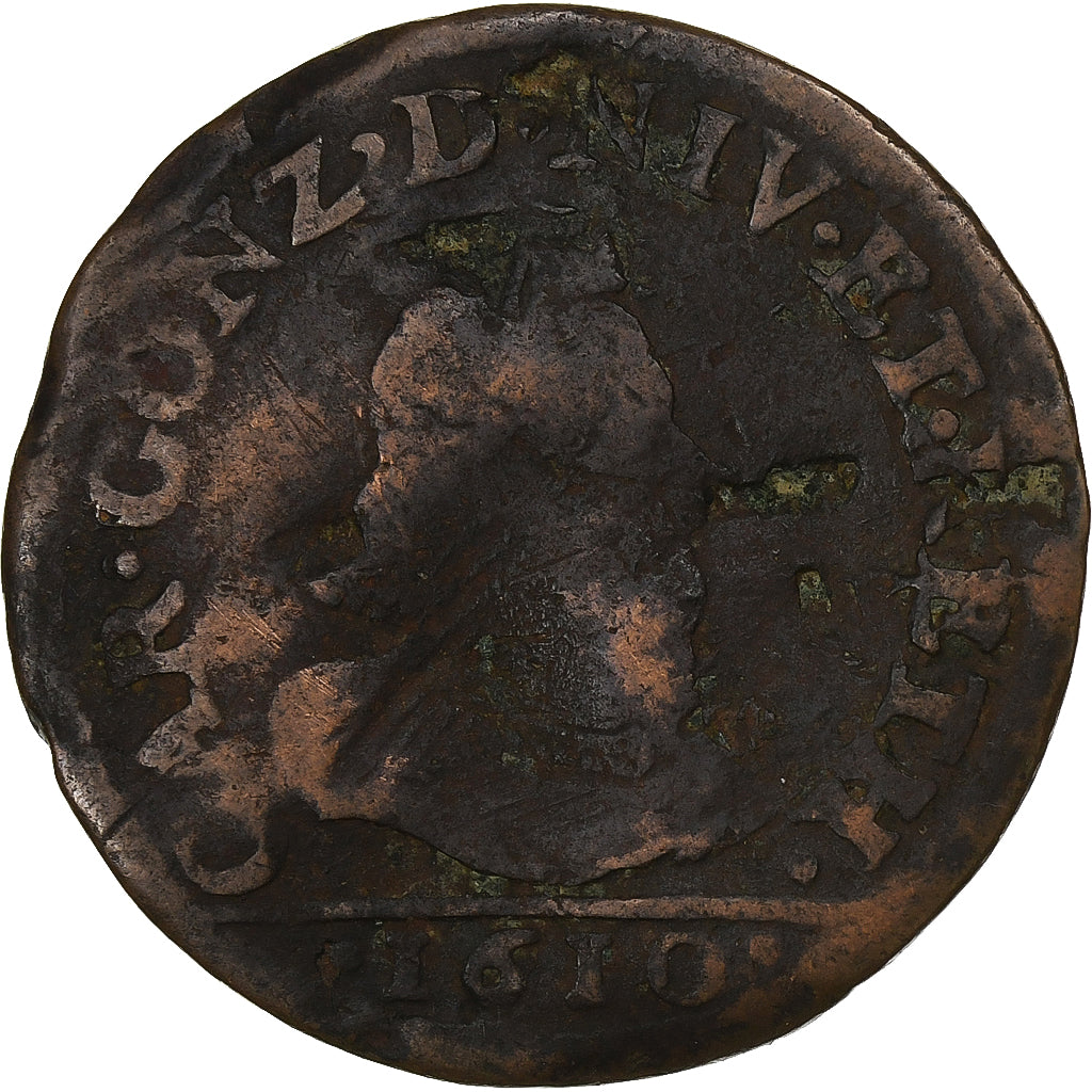 França, Charles de Gonzague, Liard, 1610, Charleville, Bronze, F(12-15)