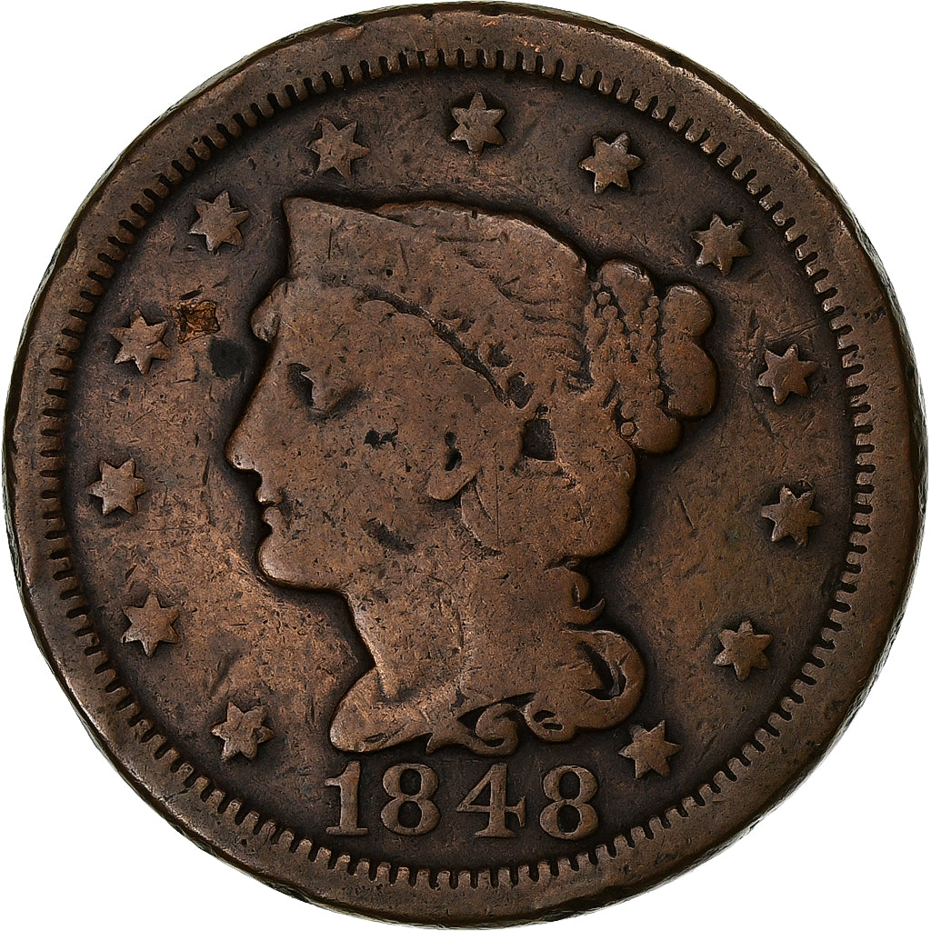United States, Braided Hair Cent, 1848, Philadelphia, Copper, VF(20-25), KM:67