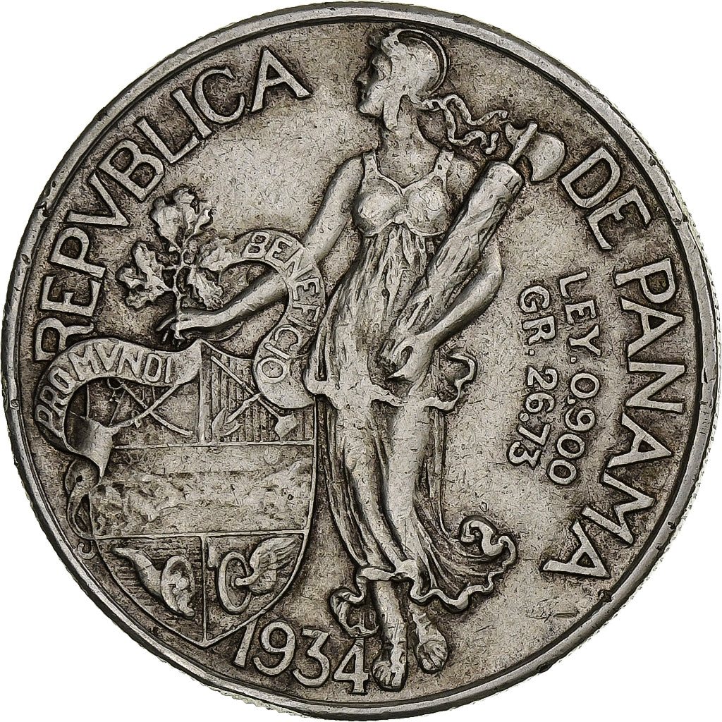 Panama, Balboa, 1934, Philadelphia, Silver, VF(30-35), KM:13