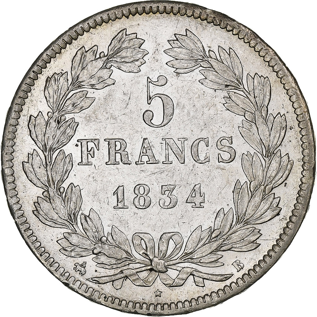 Francia, Louis-Philippe, 5 Francs, 1834, Rouen, Plata, MBC+, Gadoury:678