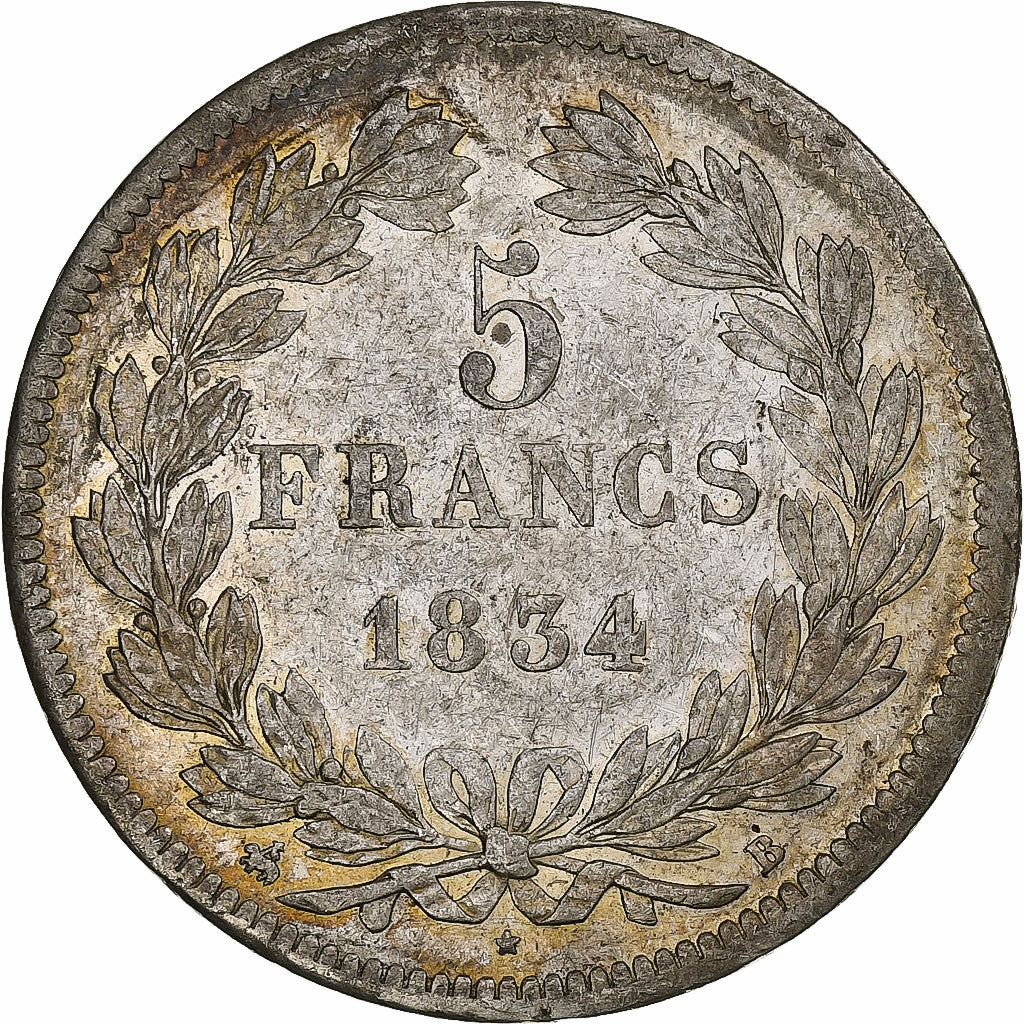 Francia, Louis-Philippe, 5 Francs, 1834, Rouen, Plata, MBC+, Gadoury:678
