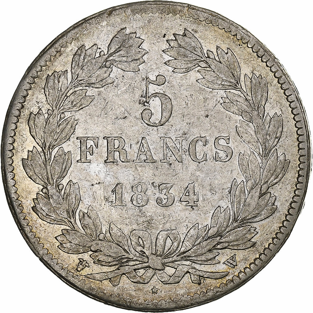 França, Louis-Philippe, 5 Francs, 1834, Lille, Prata, AU(50-53), Gadoury:678