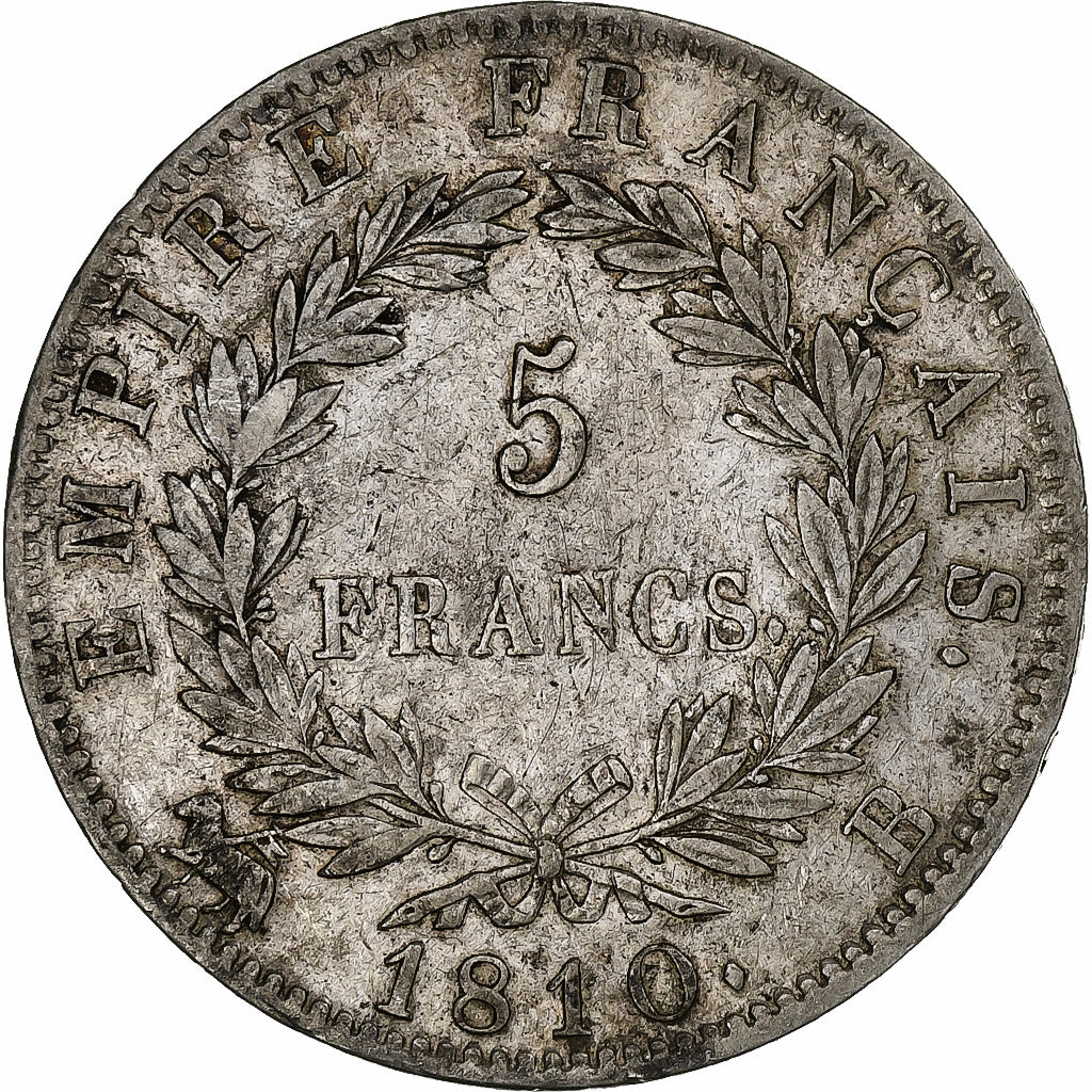 França, Napoleon I, 5 Francs, 1810, Rouen, Prata, AU(50-53), Gadoury:584