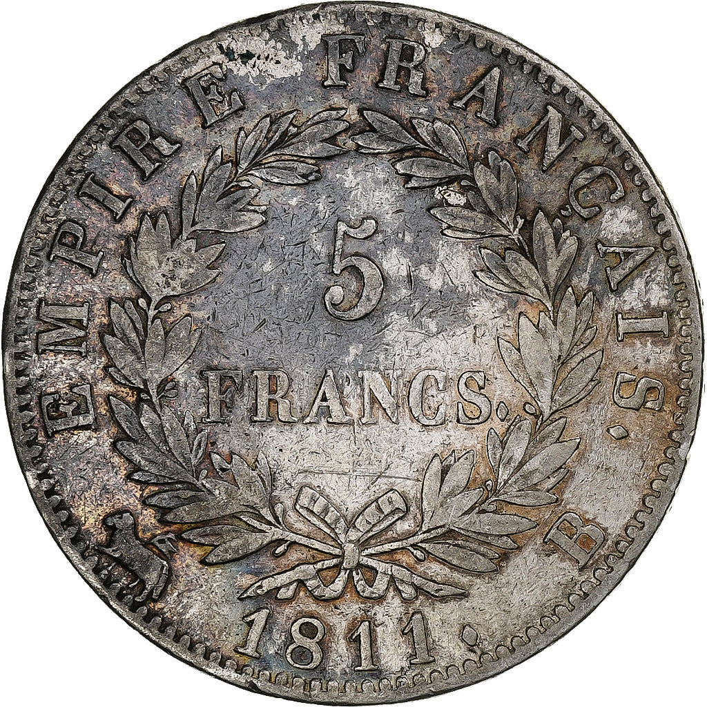 Francja, Napoleon I, 5 Francs, 1811, Rouen, Srebro, AU(50-53), Gadoury:584