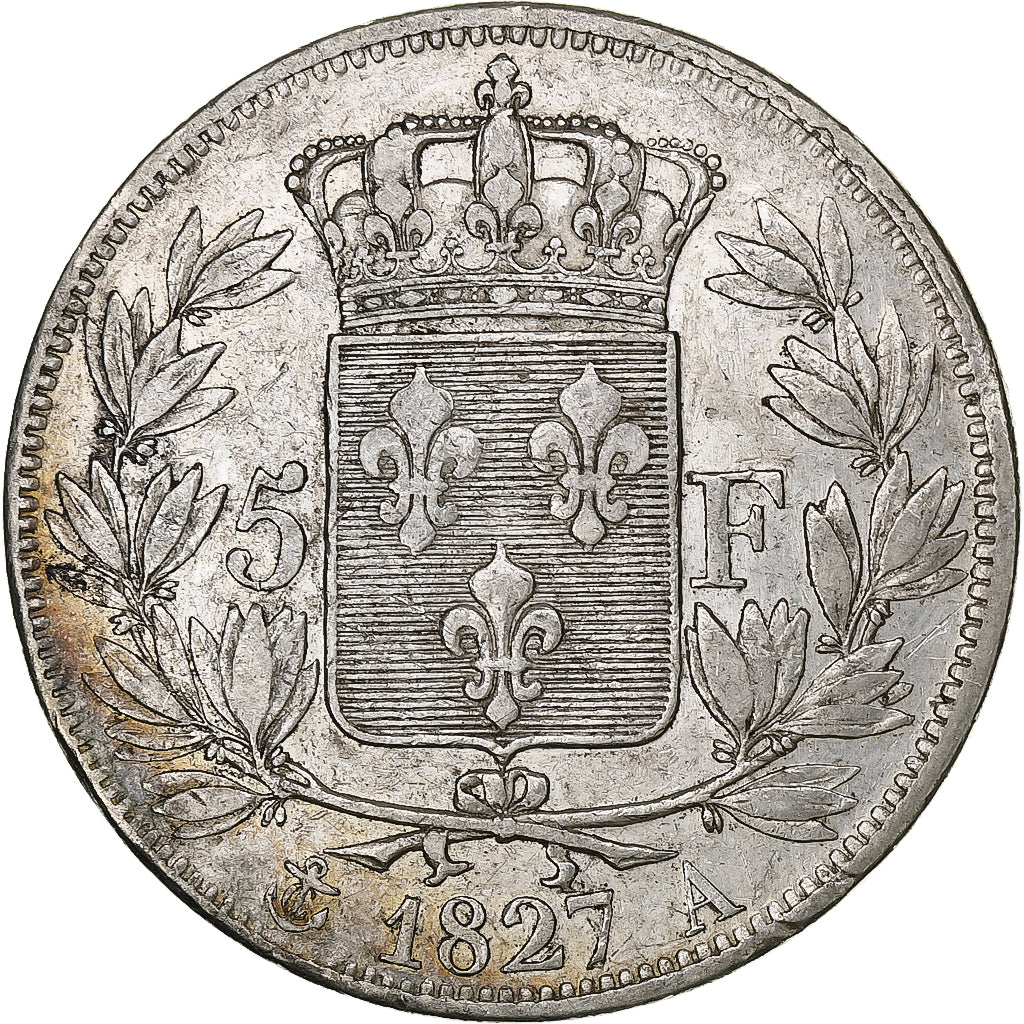 França, Charles X, 5 Francs, 1827, Paris, Prata, AU(50-53), Gadoury:644