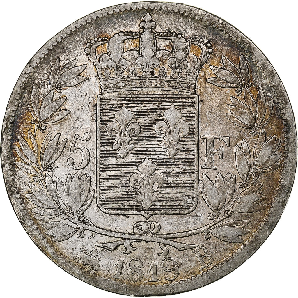 França, Louis XVIII, 5 Francs, 1819, Rouen, Prata, VF(30-35), Gadoury:614