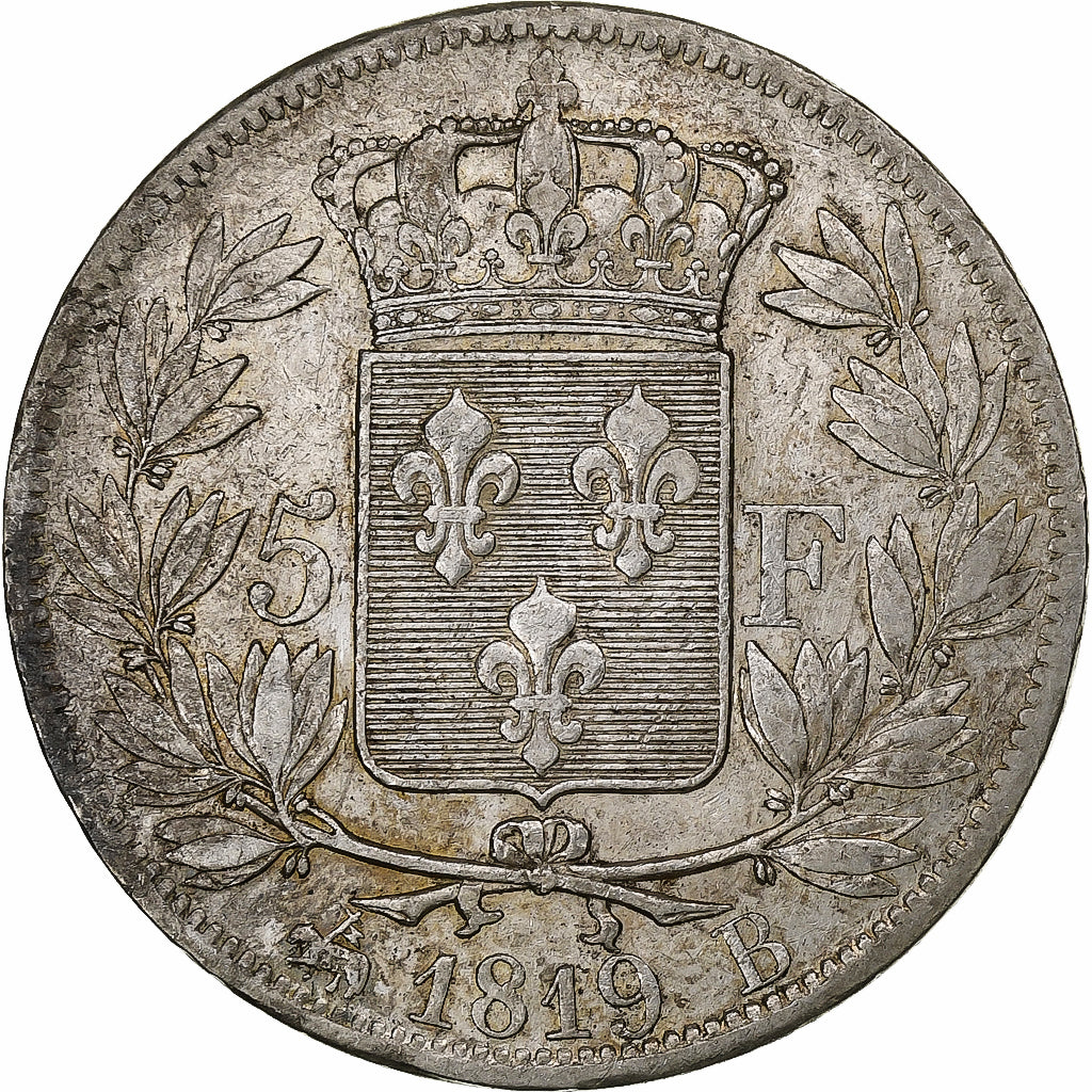 Francia, Louis XVIII, 5 Francs, 1819, Rouen, Plata, MBC, Gadoury:614