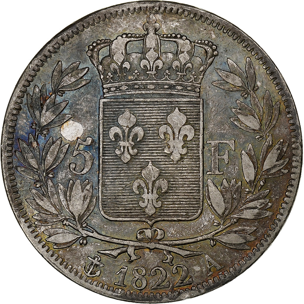Francia, Louis XVIII, 5 Francs, 1822, Paris, Plata, MBC+, Gadoury:614